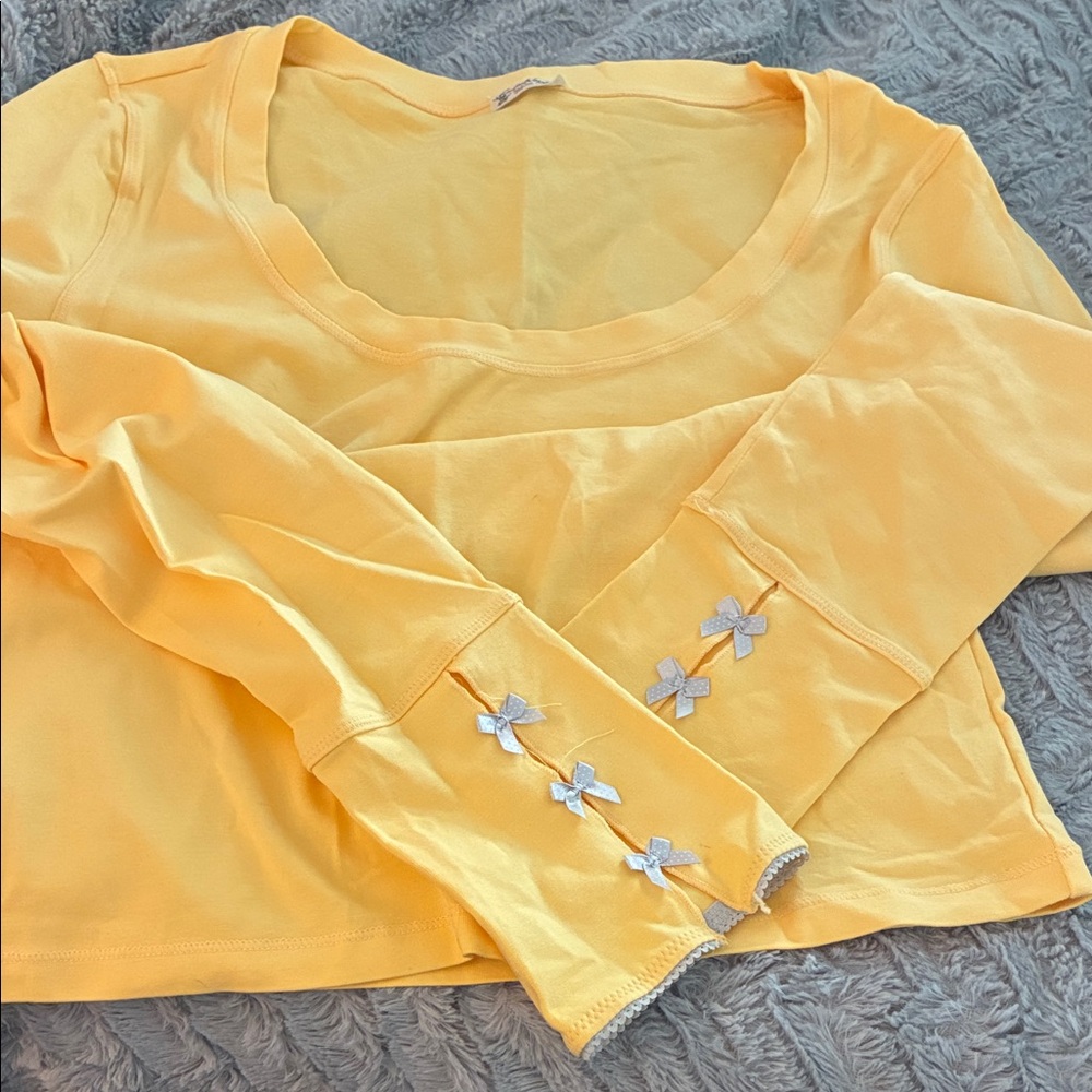 Free People Yellow Long Sleeve Top with Bow Accents